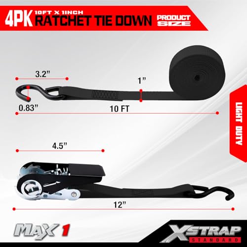 XSTRAP STANDARD Ratchet Tie Down Straps 4 Pk 10 Ft- 300 Lbs Load Cap- 900 Lbs Break Strength-Cargo Straps for UTV, ATV, Pickup,Truck, Moving Appliances, Lawn Equipment, Black - color: Black, size: 4pk 1inchx10ft