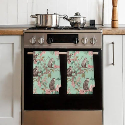 Monkey Tree Flower Kitchen Towels - Set of 2 Absorbent Drying Dish & Hand Towels for Home, Bathroom & Restaurants - color: Light Green