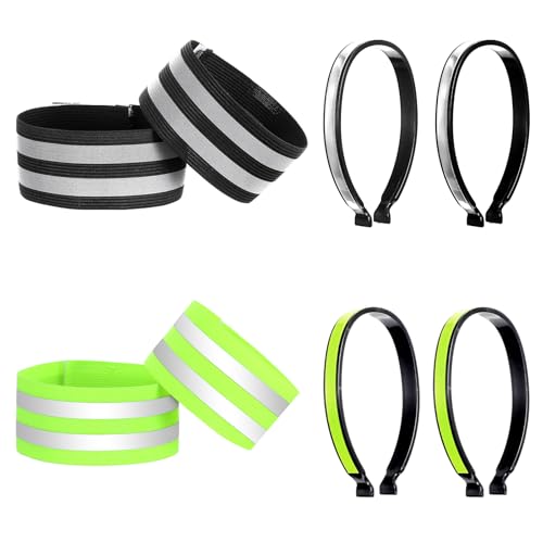 JJUNW 8Pcs High Visibility Reflective Bands & CyclingTrousers Clips for Arm, Wrist, Ankle & Leg – Adjustable Elastic Safety Straps for Night Running, Walking, Cycling