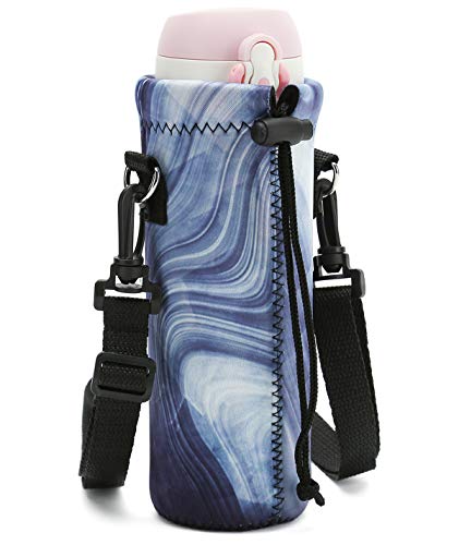 RICHEN Neoprene Water Bottle Carrier Bag with Adjustable Shoulder Strap,Insulated Water Bottle Cover for Stainless Steel/Glass/Plastic Bottles - color: Blue Marble, size: 750ml