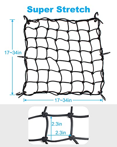 2 Pack Black Cargo Nets, Heavy Duty Latex 17"X17" Bungee Net Stretches to 34"x34", Gear Helmet Luggage Net with Tight 2.3"x2.3" Mesh & 12 Adjustable Plastic Hooks for Motorcycle, Bike, ATV - size: 17x17 Upgrade - 2 Pcs