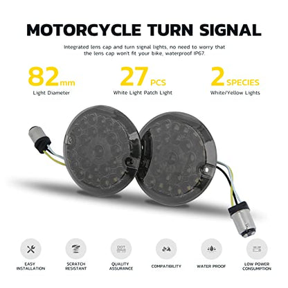 DREAMIZER 3-1/4 Inch Front LED Turn Signal Flat Lens 1157 Base Amber and White Lamp Compatible with Harley Road Glide Road King Softail Ultra Classic Ultra Limited Electra Glide (Smoke Black Lens)