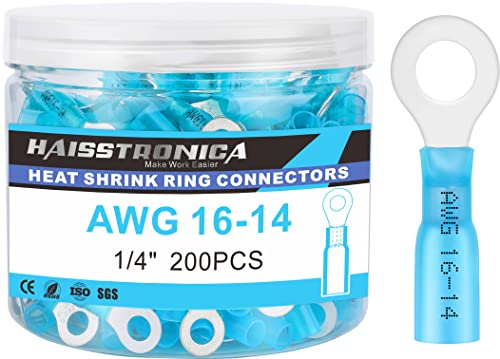 haisstronica 200PCS Heat Shrink Ring Terminals 1/4" Marine Grade Wire Connectors Blue AWG 16-14 Gauge, Tinned Red Copper 0.7mm Resistant Ring Connectors, Brazed-Seam Insulated Electrical Crimp - color: Blue, size: Ring 1/4"