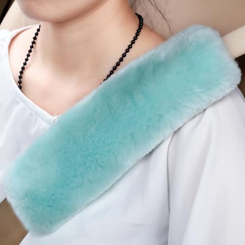 OGLAND Genuine Sheepskin Soft Fuzzy Car Seat Belt Pad, Comdy Fluffy Seatbelt Straps Cover for Shoulder Pad Neck Cushion Protector Car Accessories(Mint Green, 1Pcs) - color: MInt green