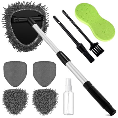 Baderke 9 Pcs Car Windshield Cleaner Tool Kit with with Extendable Handle, Microfiber Towel Pads, Sponge, Ventilation Brush, Empty Spray Bottle for Auto Glass Wiper Suvs Rvs & Home Windows(Grey) - color: Grey