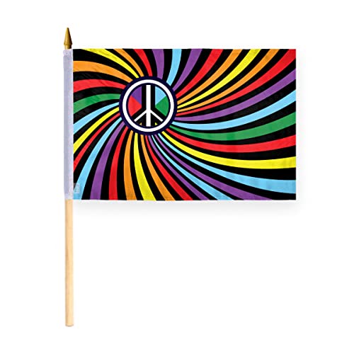 AGAS Peace Swirl Rainbow Stick Flag 12x18 inch Flag on a 24 inch Wooden Flag Stick - Sewn Edges Fade Resistant Polyester - Swirl Pride Handheld Stick Flag - color: 12x18 Stick Flag