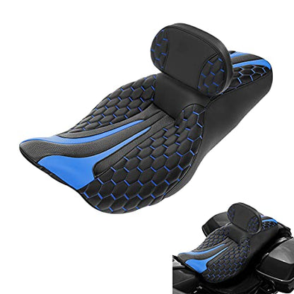 C.C. RIDER Motorcycle Seat Driver Passenger Touring Seat with Backrests for Harley Davison Electra Glide Classic Street Glide Road Glide 2009-2023 - color: Black Blue Seat + Rider Backrest