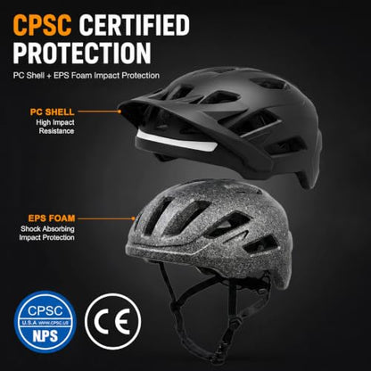 Bike Helmet, Helmets for Adults Men, Front and Back LED Lights Safe Certified MTB Road Bicycle Helmet with Adjustable Brim - color: Black, size: L (59-61cm)