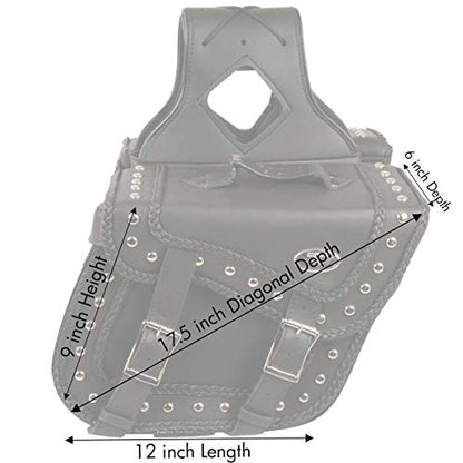 Milwaukee Leather SH66301ZB Black Medium Braided Zip-Off PVC Throw Over Saddle Bag with Studs