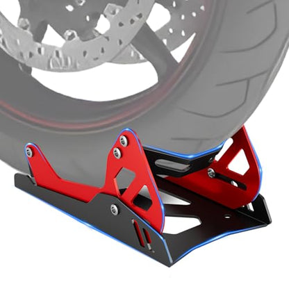 Heavy-Duty Steel Motorcycle Wheel Chock for Trailer Mount | Anti-Rust Black/Red Design | Universal Front Wheel Chock Stand for Dirt Bikes & Motorcycles | Compact & Portable (5.3”H x 10.8”L x 6.1”W)