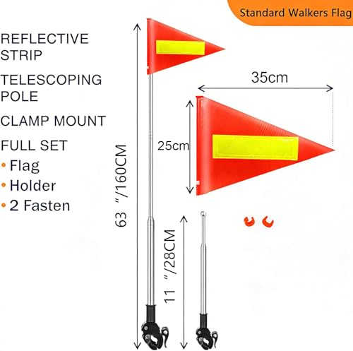 Orange Safety Flag with Reflective Strip and 5.3 Feet Retractable Pole, Orange Warning Flags Suitable for Mobility Scooter, Rollators and Wheelchairs, Set with Pole and Mount for Safety