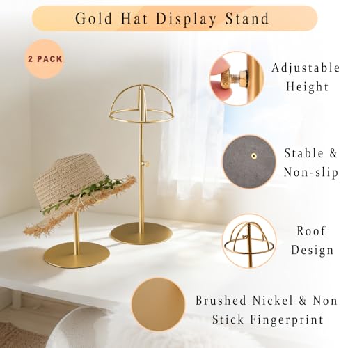 Hat Display Stand 2PCS Stainless Steel Brushed Nickel Titanium Hat Stand Metal Golden Adjustable Height Cap Rack Showcase Fingerprint Resistant for Home Boutique Retail Store | Brushed Nickel Metal Golden Adjustable Height Cap Rack Showcase Fingerprint Re