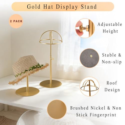 Hat Display Stand 2PCS Stainless Steel Brushed Nickel Titanium Hat Stand Metal Golden Adjustable Height Cap Rack Showcase Fingerprint Resistant for Home Boutique Retail Store | Brushed Nickel Metal Golden Adjustable Height Cap Rack Showcase Fingerprint Re