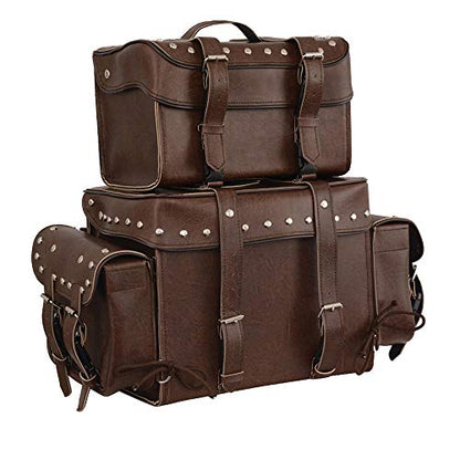 Motorcycle 2 pc Retro Brown Touring Back pack Studed Sissy Bar Bag Luggage Waterproof Rain Cover