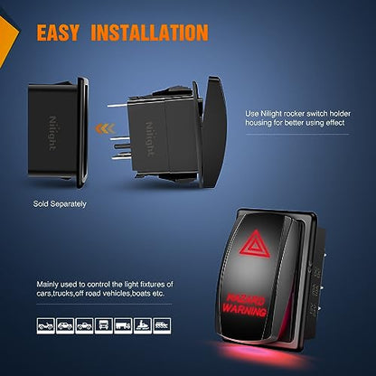 Nilight Hazard Warning Rocker Switch 5 Pin Laser On Off SPST switches 20A/12V 10A/24V Red LED Light Emergency w/Jumper Wires Set for Cars Trucks Boats ATVs UTVs RVs - size: HAZARD WARNING