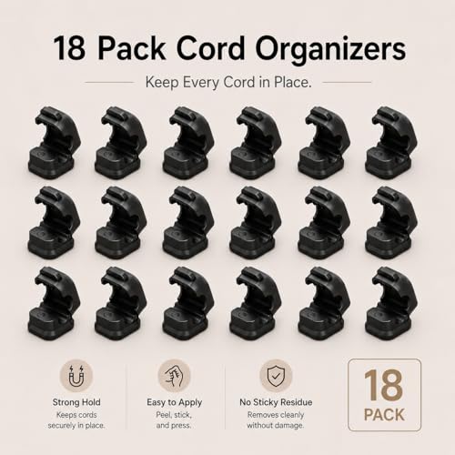 18-Pack Adhesive Cable Organizer Clips for Desk, Black | Strong acrylic adhesive, One-hand spring lock, Compact keycap design, Residue-free removal, Black & White options - color: Black