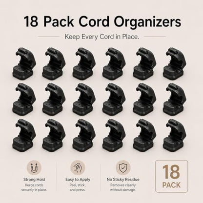 18-Pack Adhesive Cable Organizer Clips for Desk, Black | Strong acrylic adhesive, One-hand spring lock, Compact keycap design, Residue-free removal, Black & White options - color: Black