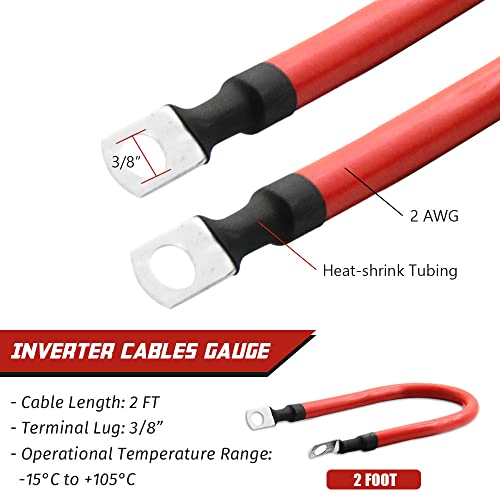 2 AWG Gauge Battery Cables Set with Terminals for Motorcycle, Automotive, Marine, Solar, ATV, RV 2ft (3/8in.Lugs Both Ends) - size: 2 ft