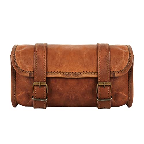 Leather Handlebar Bag Brown Saddle Motorcycle Bag Bicycle Tool Bag Buff Leather Travel Accessory Pouch (Tan Brown)
