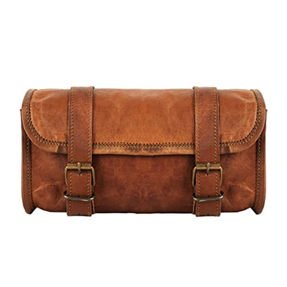 Leather Handlebar Bag Brown Saddle Motorcycle Bag Bicycle Tool Bag Buff Leather Travel Accessory Pouch (Tan Brown)