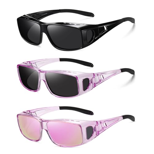 Wzerry Sunglasses Fit Over Glasses Polarized for Men Women, Wrap-Around Glasses UV400 Protection for Driving and Outdoor - color: Black/Grey + Transparent Purple/Grey + Transparent Purple/Pink
