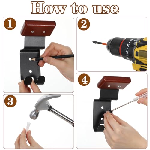 4 Pcs Motorcycle Helmet Holder with Solid Wood and Strong Steel Design Wall Mount Helmet Hanger Hooks Motorcycle Gear Rack for Football Sports Accessory (Classic, Wood)
