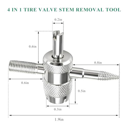 4-Way Tire Valve Tool, 4-in-1 Automobile Valve Core Remover Installer Tire Stem Puller, 4 Way Multifunctional Tyre Stem Core Wrench Repair Tool for Car Motorcycle Bicycle