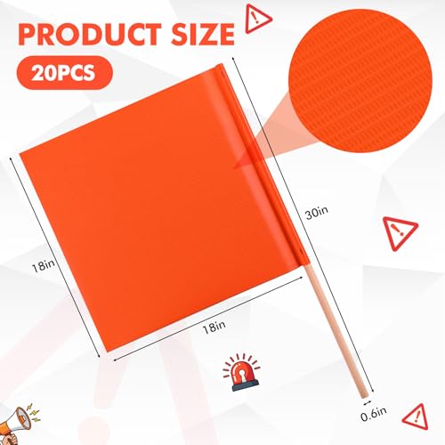 Tegeme 20 Pcs 18 Inch x 18 Inch Orange Safety Flags, Safety Caution Warning Flags with 30” Wooden Staff for Construction Sites Truck Wide Load Traffic Flagger Trailer Pedestrian Crossings Roof Work