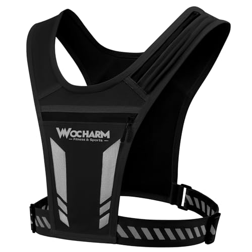 Reflective Vest Chest Phone Holder, Adjustable Hydration Training Workout Gear for Nighttime Running Biking - color: Black