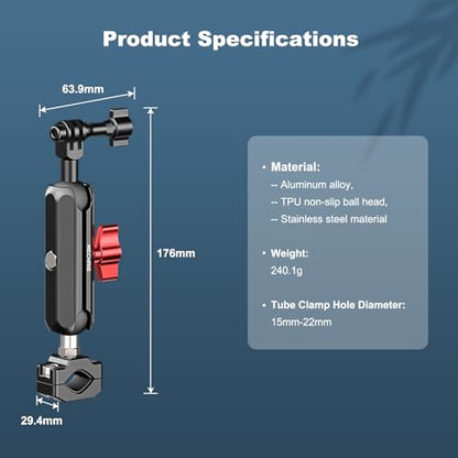 Camera Clamp Mount, Super Camera Mount Double Ball Head Magic Arm Adapter with U-Shaped for Motorcycle Handlebar Mounts & Aluminum Alloy Super Clamp for DSLR, 360° Rotating, 78002 - size: Medium(15-22mm)