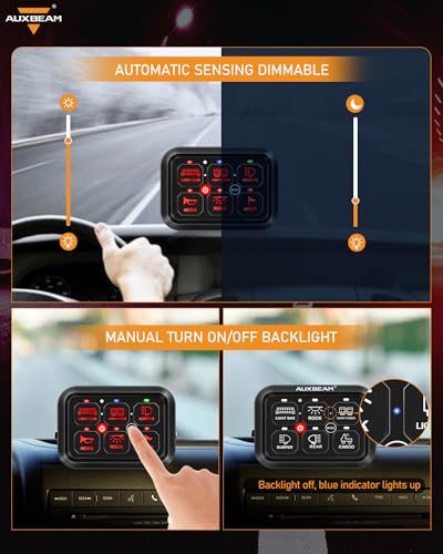 Auxbeam 6 Gang Switch Panel RA60 Toggle Momentary Pulsed RGB Dimmable Switch Panel Multifunction Switch Panel Built in Solid State Relay Marine Control Panel Waterproof for Car Boat, 3 Years Warranty - size: 6 Gang, style: RGB (Without APP)