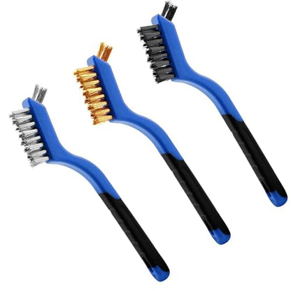 Wire Brush Set (3-Pack) for Precision Cleaning – Brass, Nylon & Stainless Steel Brushes for Rust Removal, Delicate Surfaces & Tight Spaces – 7-Inch Curved Handle - color: 3 PCS BLUE