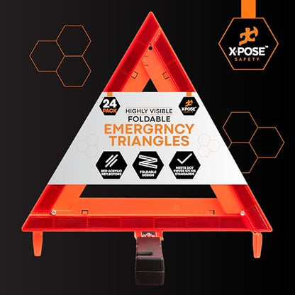 Xpose Safety Reflective Emergency Triangles – 24 Kits (72 Triangles) – DOT Approved Roadside Car Safety Warning Reflectors – Red & Orange Automotive Vehicle Hazard Visibility Markers - size: 24 Packs