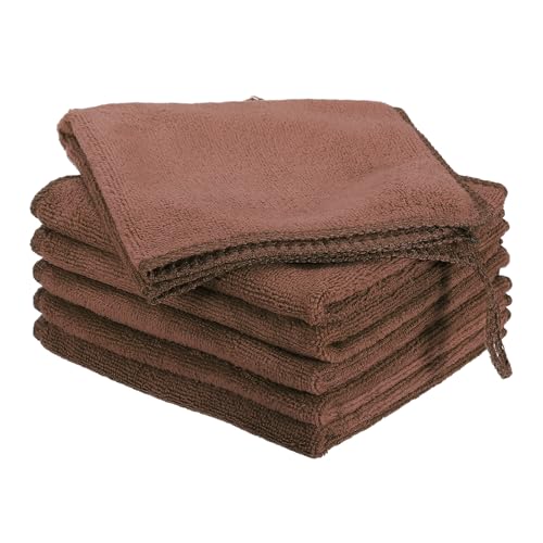 HARFINGTON 6 Pack Microfiber Cleaning Cloth, 8" x 8" Multi-Functional Cleaning Towels Reusable Absorbent Rags with Hook for Car Wash Kitchen Household Window Clean, Brown - color: Brown, size: 8" x 8"
