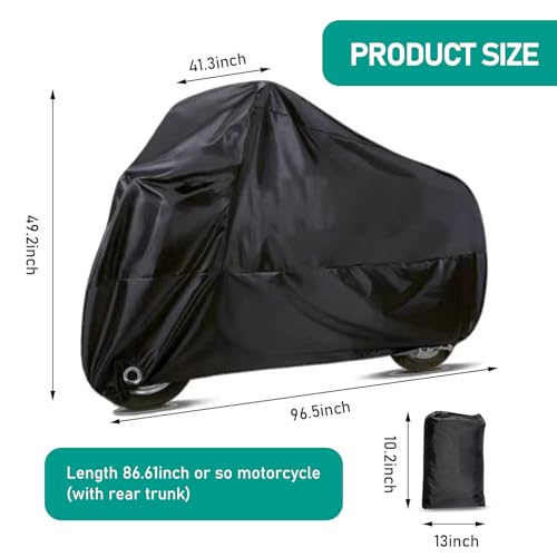 1 PC Motorcycle Cover, 96.4" x 41.3" x 49.2" Waterproof Dustproof Sun-Proof Cloth for All Seasons, Full Coverage Protective Cover with Anti-Theft Lock Hole, Universal for Motorcycles (Black)