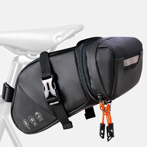 NDakter Bike Seat Bag, Expandable Bicycle Saddle Bag Under Seat, Waterproof Reflective Cycling Seat Pouch for Mountain Road Commuter & Ebikes, 1.5-2L Bike Tool Storage Pack