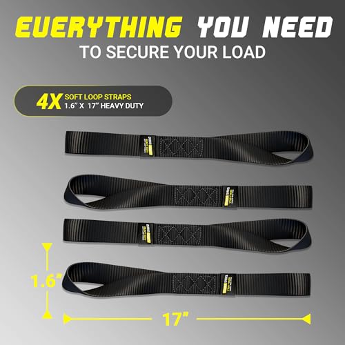Soft Loop Tie Down Straps - 1.6'' x 17'' (4 Pack), 10000 Lbs Breaking Strength, Heavy Duty with Soft Loop Ends for Securing ATV, UTV, Motorcycles, Scooters, Dirt Bikes, Lawn Garden Equipment - color: Black
