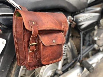 Leather Side Pouch | Motorcycle Bag Saddlebags | Handlebar Sissy Bar | Panniers Travel Tool Bag For Bike And Bicycle 11 x 3 x 9 Inches