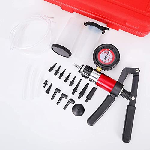 23PCS Brake Bleeder Kit Handheld Vacuum Pump Tester with Adapters and 2 Reservoir Bottles Automotive Brake for Car Truck Motorcycle (red) - color: 1-red