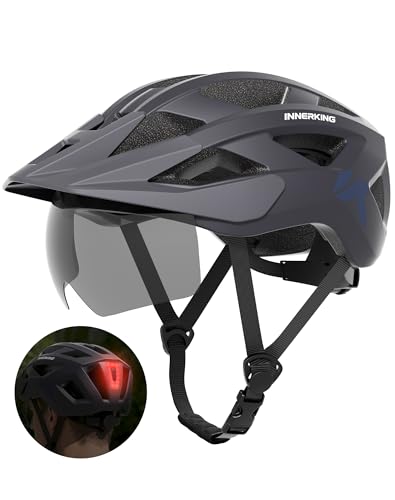 Bike Helmet for Adults, Lightweight Mountain Bicycle Helmet with USB Rechargeable Rear Light Detachable Magnetic Goggles, Road Bike Cycling Helmet with OTG Visor for Men Women - color: Grey, size: Large