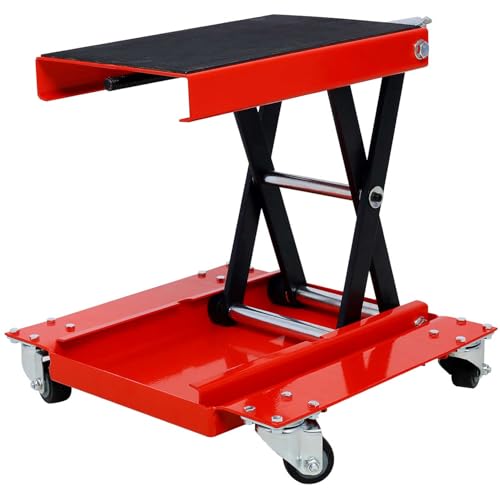 1100 LBS Motorcycle Lift Jack with Dolly & Wide Deck, Heavy-Duty Scissor Lift Stand for Street Bikes, Cruisers, Touring Motorcycles, ATVs, UTVs & Dirt Bikes – Portable Bike Hoist with Steel Sleeve