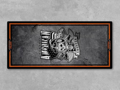 Parking Mat American Chopper Design for Custom Motorcycles, Display and Pit Mat, Washable Non-Slip Garage and Showroom Floor Carpet (Size 2: 102 x 47/260 x 120 cm)