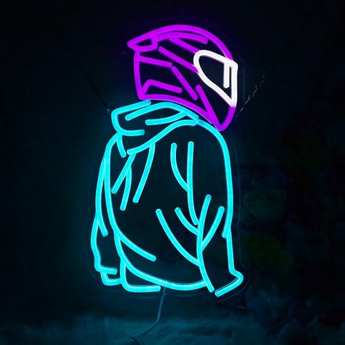 Motorcyclist Neon Sign Cool Motorcycle Helmet Neon Sign Dimmable LED Neon Light for Wall Decor Neon Garage Signs Man Cave Game Room Motorcycle Fan Gifts 9.8"×16.5" - color: racer-blue
