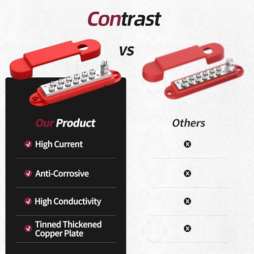 Bus Bar 12V 150A Power Distribution Block 1/4" Stud & 12 x #8 Terminal Screws 12 Volt Positive Battery Marine Bus Bar for Solar Battery Wiring, Marine, Boat and Automotive - style: Red