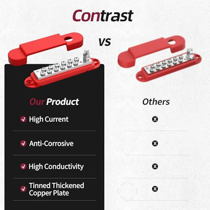 Bus Bar 12V 150A Power Distribution Block 1/4" Stud & 12 x #8 Terminal Screws 12 Volt Positive Battery Marine Bus Bar for Solar Battery Wiring, Marine, Boat and Automotive - style: Red