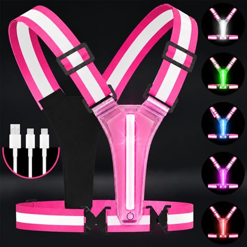 LED Reflective Vest Running Gear, 5 Colors Light Up Safety Vest | Rechargeable High Visibility Running Vest, Adjustable for Men Women. Ideal for Night Running, Walking, Cycling & Jogging. - color: Pink
