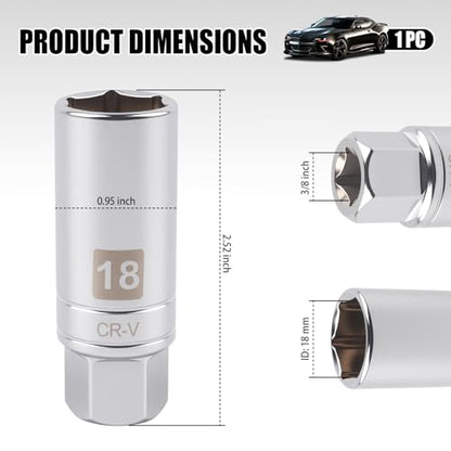 18mm Magnetic Spark Plug Socket with 3/8" Drive,6-Point Hex Spark Plug Removal Tool with Strong Magnet Ring,Heavy-Duty 18mm Sparks Plugs Socket for Most Cars,Motorcycles