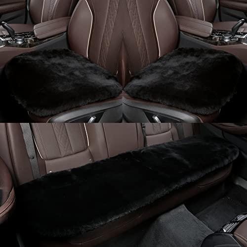 IRIWOOL Genuine Sheepskin Auto Seat Pad, Australian Soft Wool Seat Cover Breathable and Sweat-Wicking Universal Fit (Front seat Cushion 2pcs & Rear seat Cushion 1pc, Black) - color: Black, size: 3 Piece Set