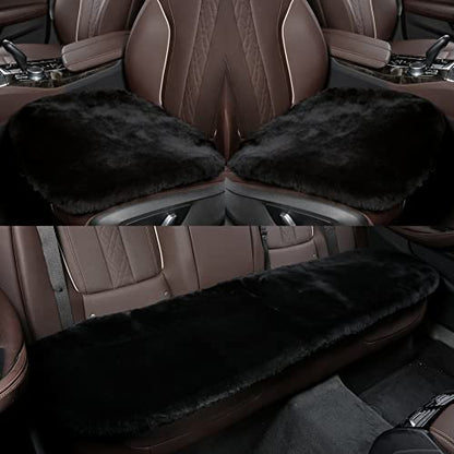 IRIWOOL Genuine Sheepskin Auto Seat Pad, Australian Soft Wool Seat Cover Breathable and Sweat-Wicking Universal Fit (Front seat Cushion 2pcs & Rear seat Cushion 1pc, Black) - color: Black, size: 3 Piece Set