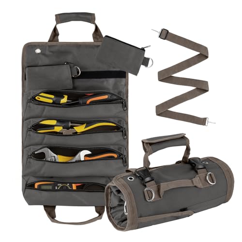 Roll Up Tool Bag for Men, Portable Tool Organizer with 4 Pouches Tool Roll and 2 Small Zipper Pouches, Compact Motorcycle Tool Roll Up Bag for Car Garage, Handyman, Dad or Husband Birthday Gifts, Gray - color: Gray